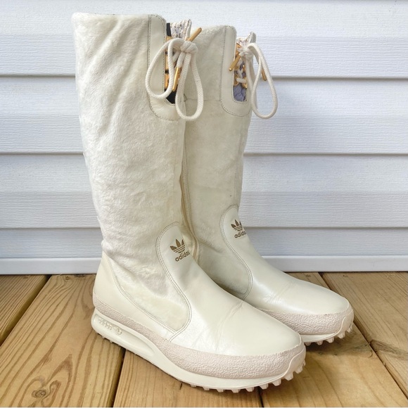 VTG Y2K Adidas Arosa High Tall Fur Leather Boots Ivory White Womens 8 RARE - Picture 1 of 12
